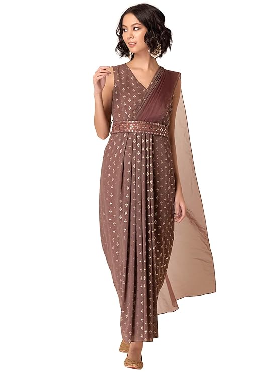 Indya Womens Polyester Pre-Draped Saree